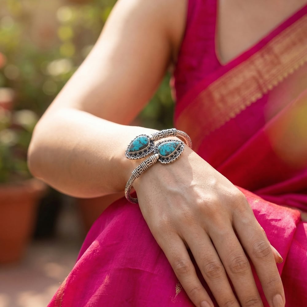 Handmade Silver Jewelry Turquoise Kada Bracelet